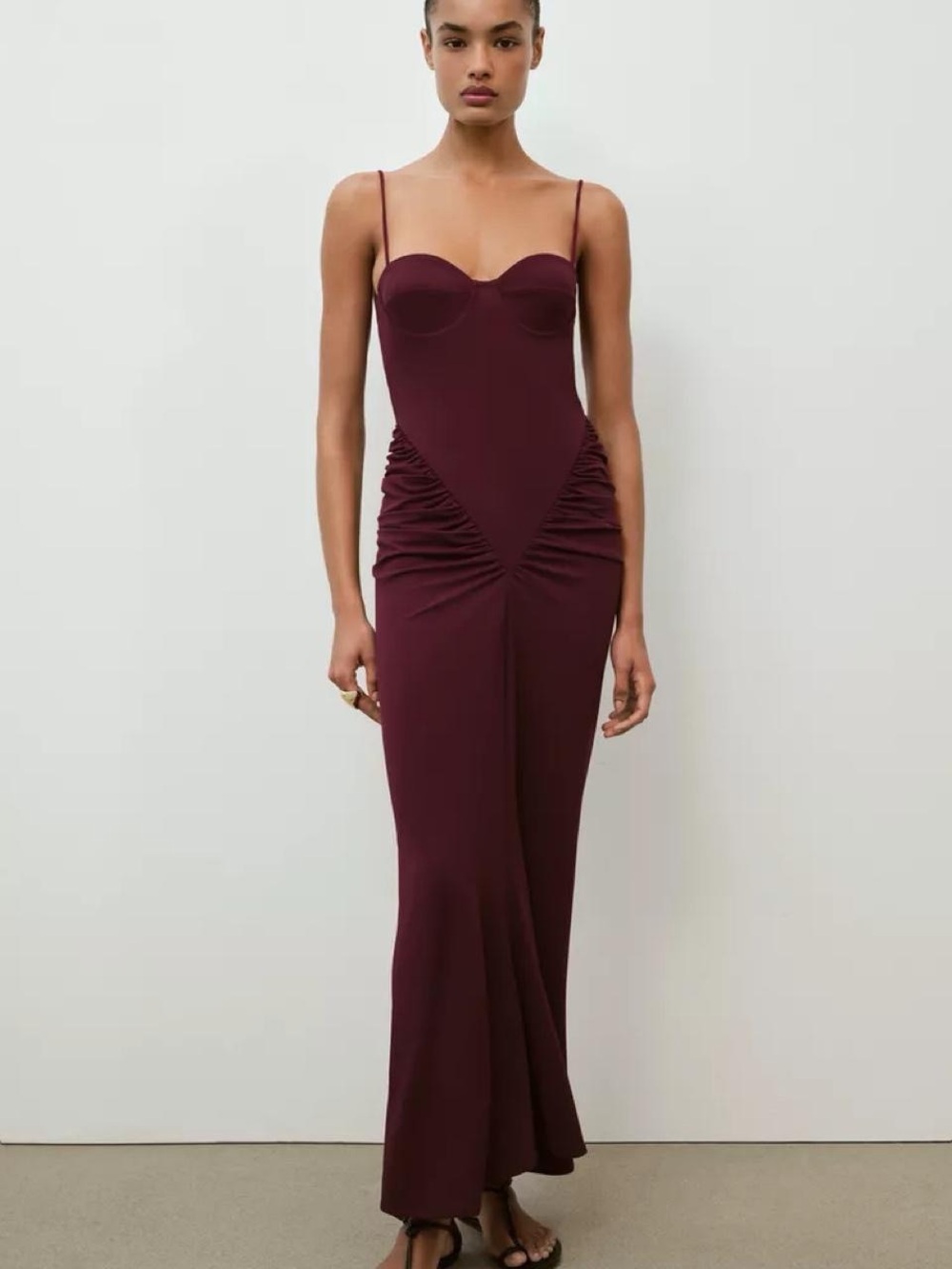 Zara Wine Burgundy Ruched Maxi Dress with Spaghetti Straps